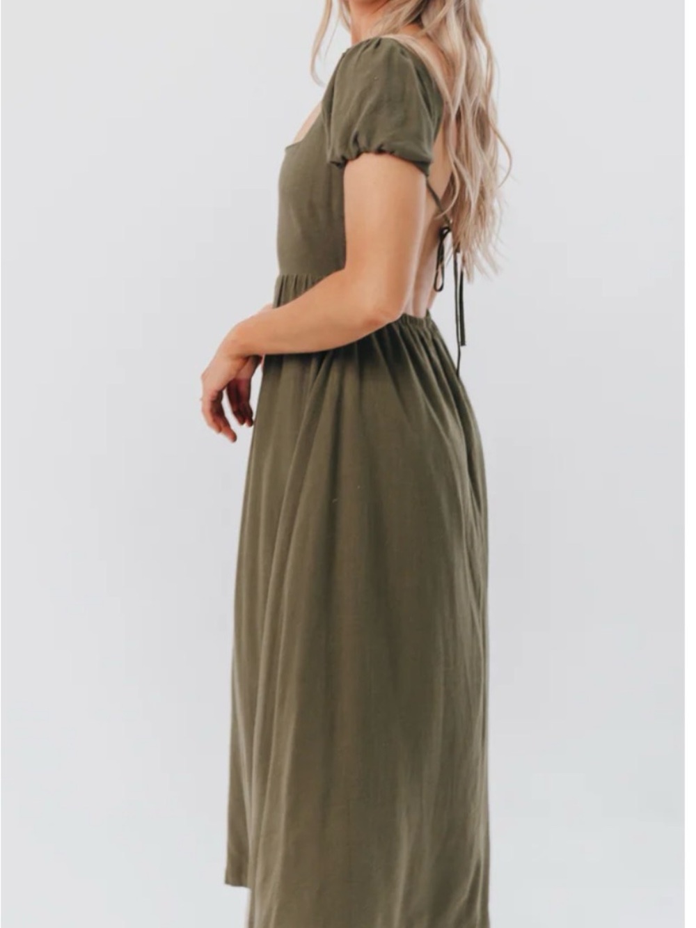 Worth Collective Open-Back Olive Midi Dress with Puff Sleeves